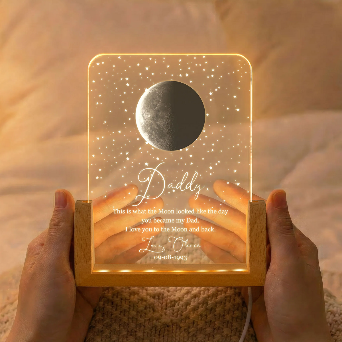 Custom Moon Phase The Day You Became My Dad - Personalized Night Light, 3D Led Lamp With Wooden Base - Father's Day Gift for Dad, Papa, Daddy, Dada