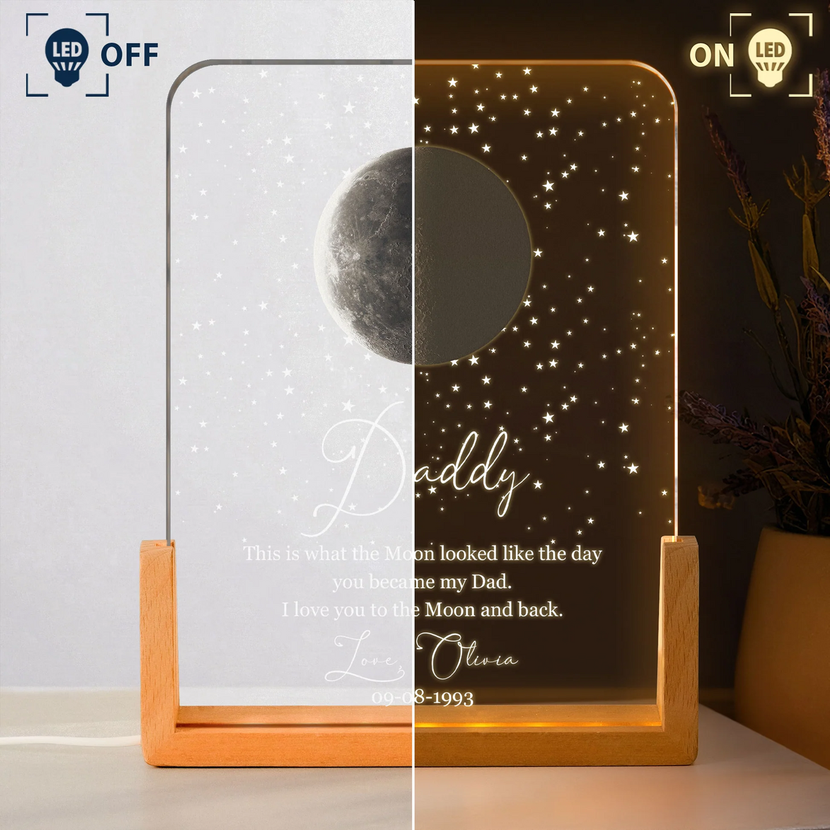 Custom Moon Phase The Day You Became My Dad - Personalized Night Light, 3D Led Lamp With Wooden Base - Father's Day Gift for Dad, Papa, Daddy, Dada