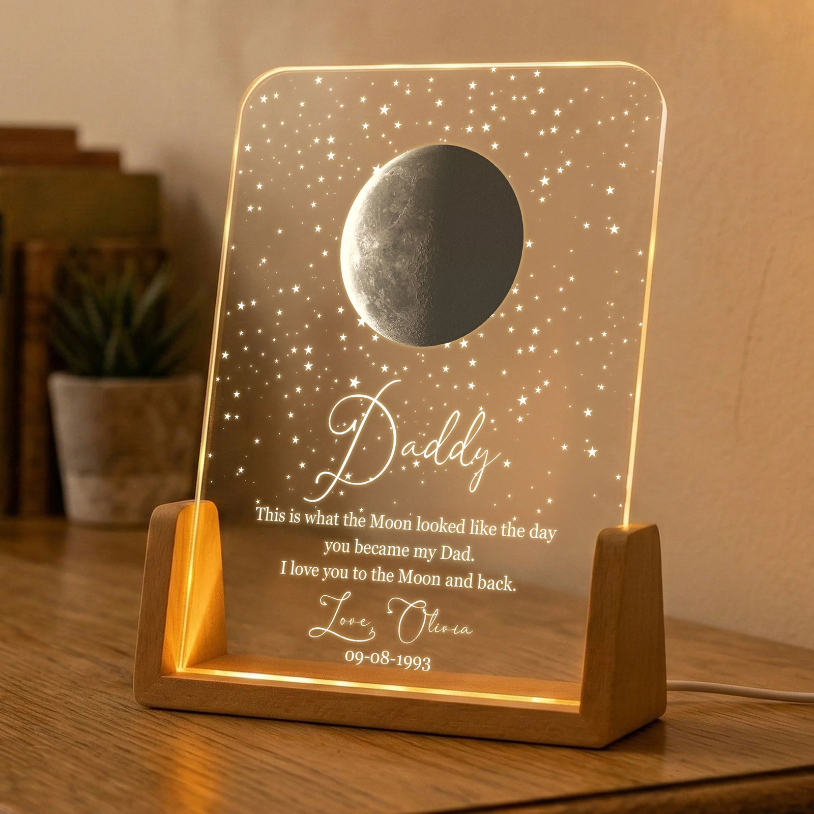 Custom Moon Phase The Day You Became My Dad - Personalized Night Light, 3D Led Lamp With Wooden Base - Father's Day Gift for Dad, Papa, Daddy, Dada