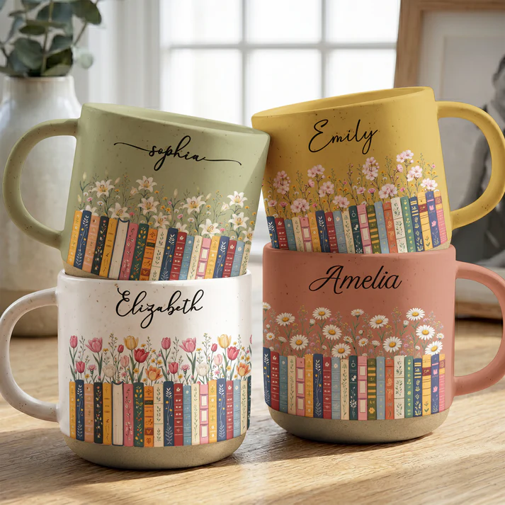 Book Lovers Birth Month Flowers In Bloom - Personalized Pottery Mug - Gift For Book Lovers, Bookworms, Readers