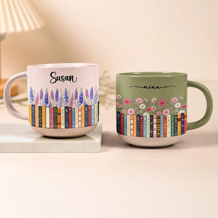 Book Lovers Birth Month Flowers In Bloom - Personalized Pottery Mug - Gift For Book Lovers, Bookworms, Readers