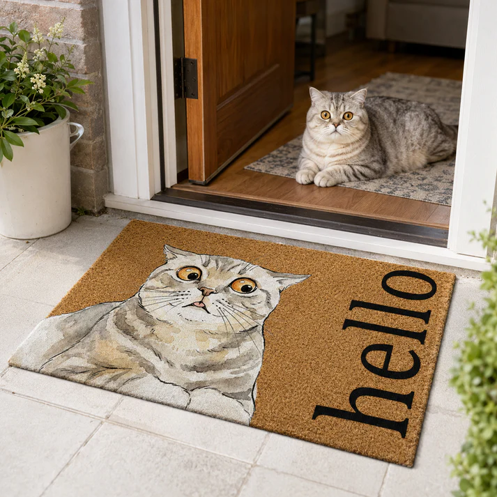 Custom Photo Pencil Sketch Hello Dog Cat - Personalized Doormat - Personalized Gift for Dog Lovers, Cat Lovers, Pet Lovers