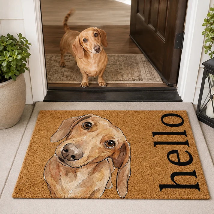 Custom Photo Pencil Sketch Hello Dog Cat - Personalized Doormat - Personalized Gift for Dog Lovers, Cat Lovers, Pet Lovers