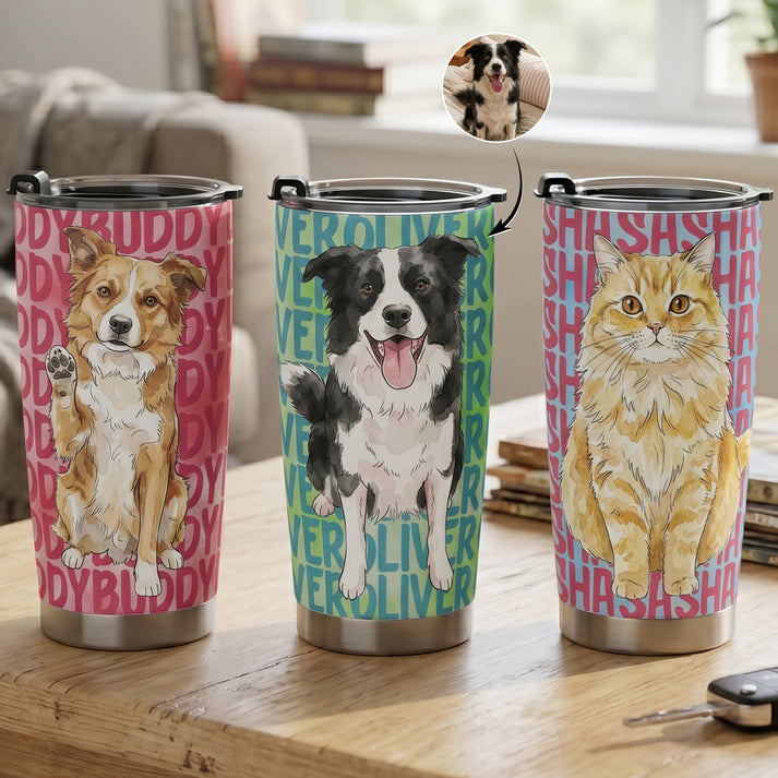 Custom Photo Pet Portrait &amp; Name Watercolor Style - Personalized Custom 20oz Fat Tumbler Cup - Gift for Dog Lovers, Cat Lovers, Pet Lovers