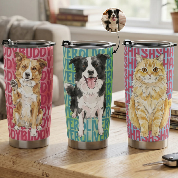 Custom Photo Pet Portrait & Name Watercolor Style - Personalized Custom 20oz Fat Tumbler Cup - Gift for Dog Lovers, Cat Lovers, Pet Lovers