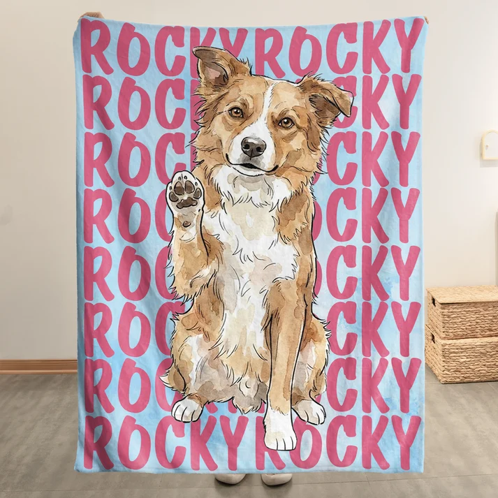 Custom Photo Pet Portrait & Name Watercolor Style - Personalized Custom Blanket - Gift for Dog Lovers, Cat Lovers, Pet Lovers