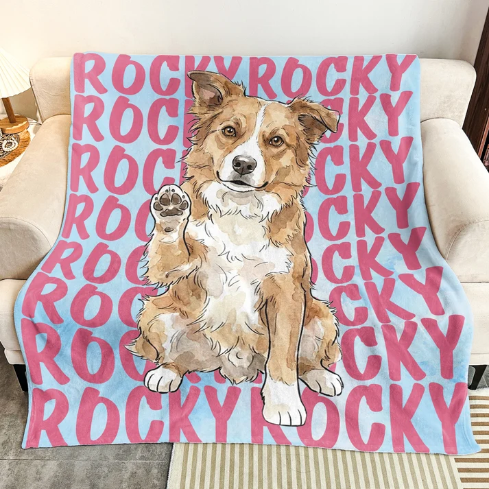 Custom Photo Pet Portrait & Name Watercolor Style - Personalized Custom Blanket - Gift for Dog Lovers, Cat Lovers, Pet Lovers
