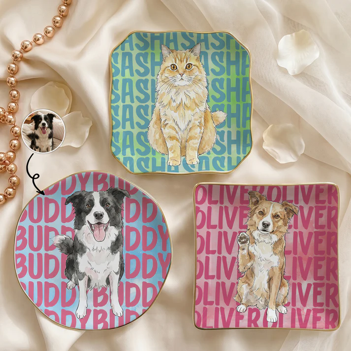 Custom Photo Pet Portrait & Name Watercolor Style - Personalized Jewelry Dish - Gift for Dog/Cat Lovers, Dog/Cat Mom, Pet Lovers