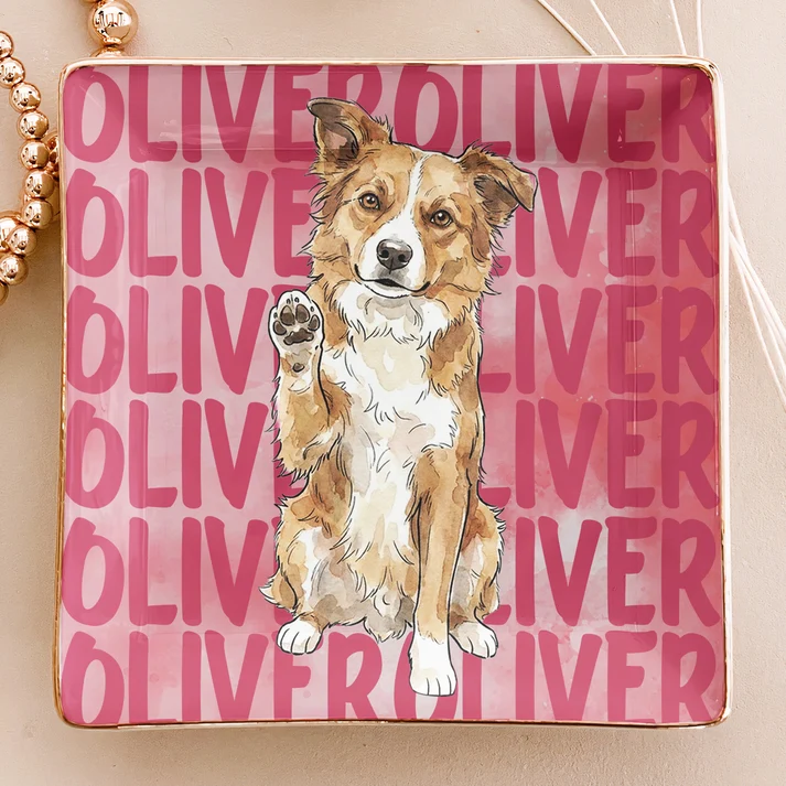 Custom Photo Pet Portrait & Name Watercolor Style - Personalized Jewelry Dish - Gift for Dog/Cat Lovers, Dog/Cat Mom, Pet Lovers