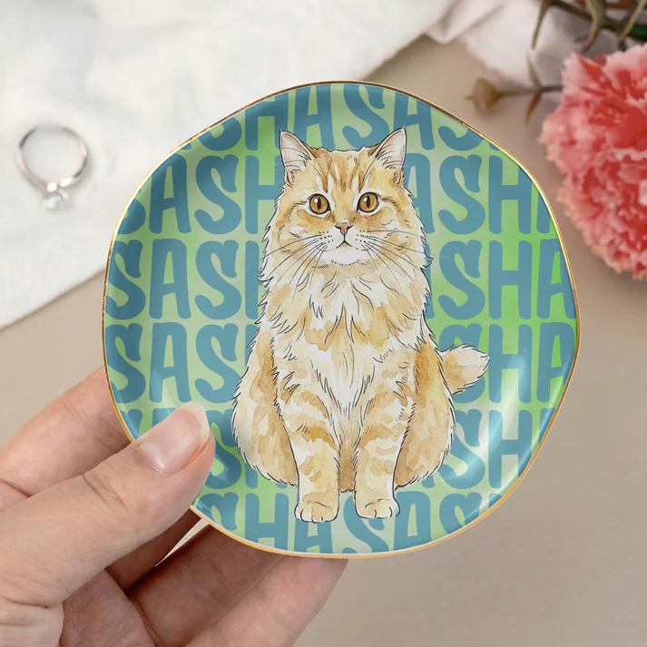 Custom Photo Pet Portrait & Name Watercolor Style - Personalized Jewelry Dish - Gift for Dog/Cat Lovers, Dog/Cat Mom, Pet Lovers