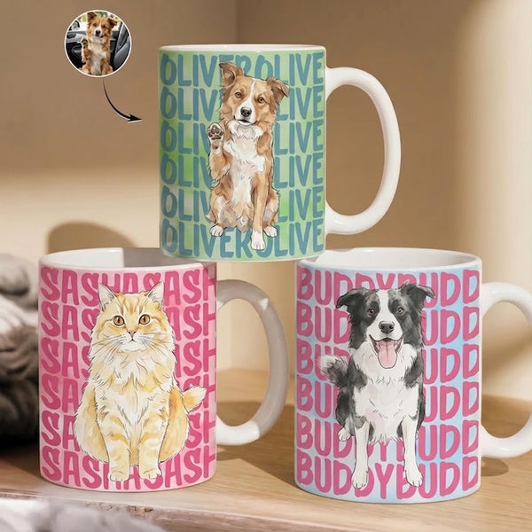 Custom Photo Pet Portrait & Name Watercolor Style - Personalized Custom Mug - Gift for Dog/Cat Lovers, Dog/Cat Mom, Pet Lovers