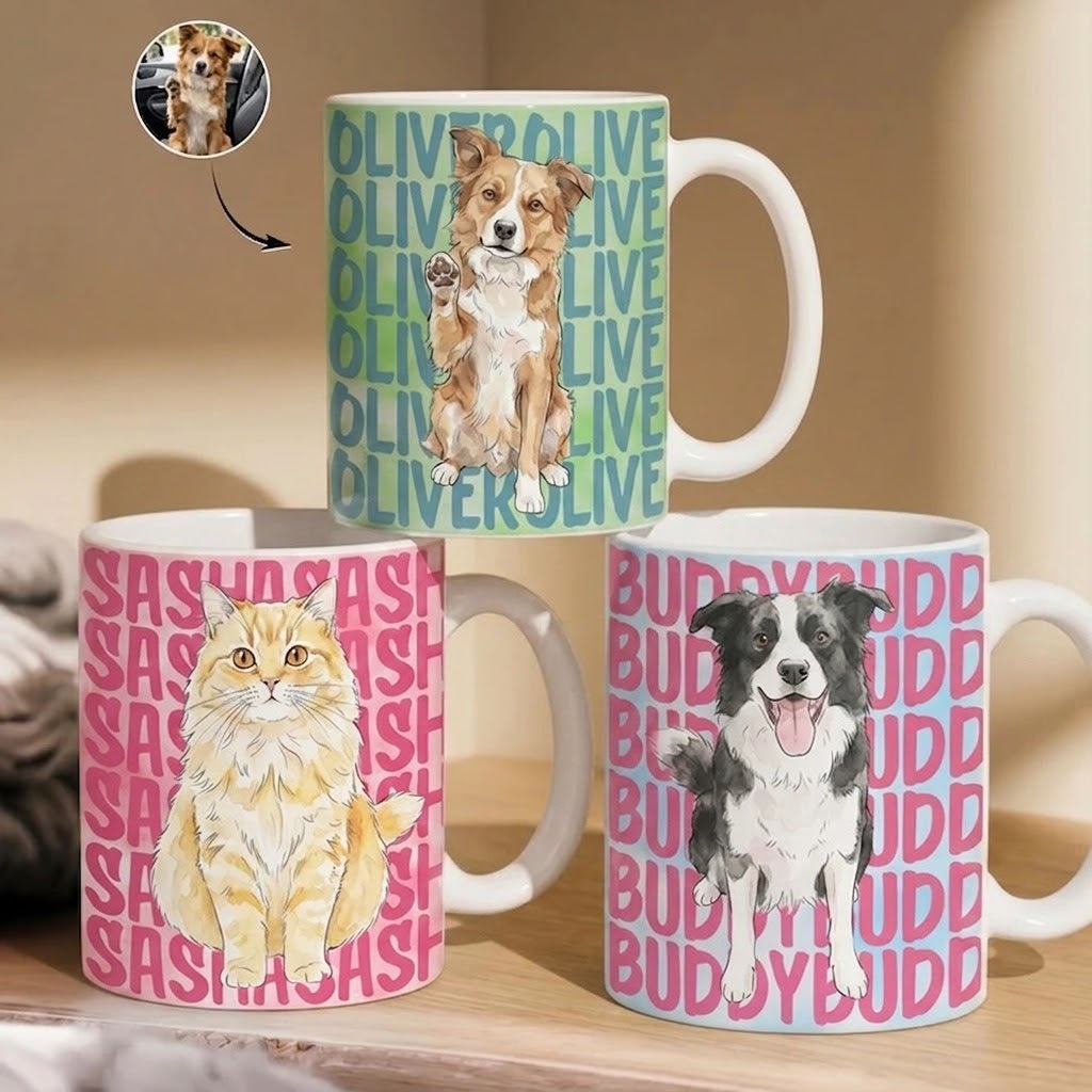 Custom Photo Pet Portrait & Name Watercolor Style - Personalized Custom Mug - Gift for Dog/Cat Lovers, Dog/Cat Mom, Pet Lovers