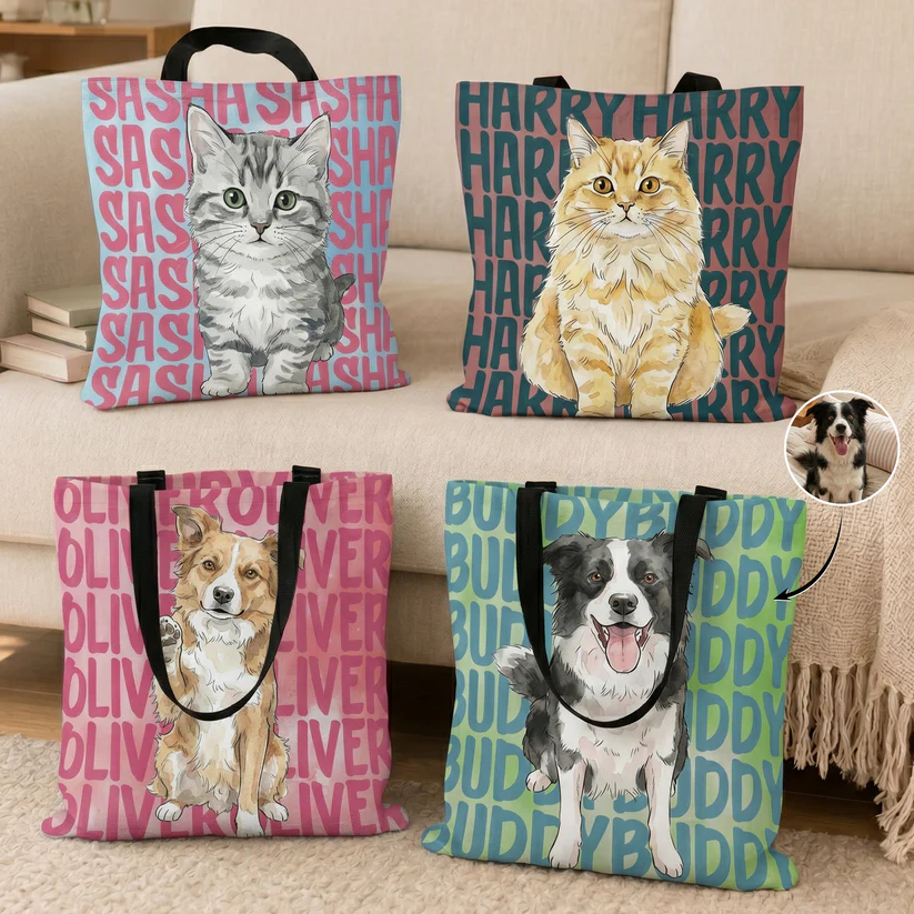 Custom Photo Pet Portrait &amp; Name Watercolor Style - Personalized Tote Bag - Gift for Dog Mom, Cat Mom, Dog Lovers, Cat Lovers, Pet Lovers