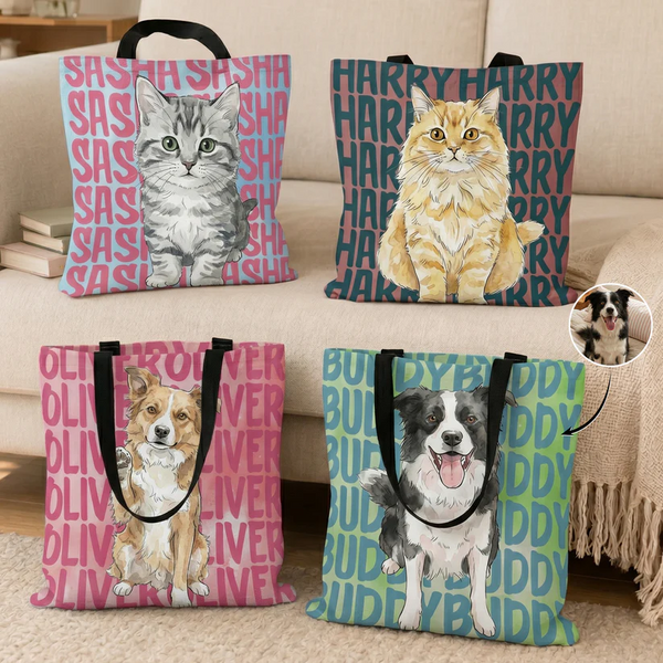 Custom Photo Pet Portrait & Name Watercolor Style - Personalized Tote Bag - Gift for Dog Mom, Cat Mom, Dog Lovers, Cat Lovers, Pet Lovers