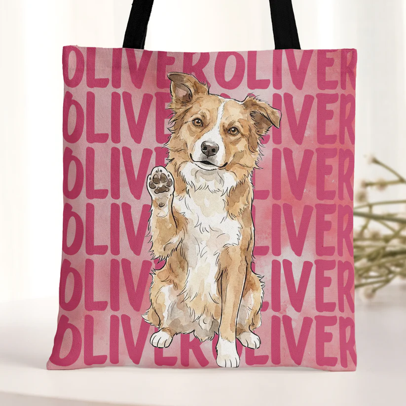 Custom Photo Pet Portrait & Name Watercolor Style - Personalized Tote Bag - Gift for Dog Mom, Cat Mom, Dog Lovers, Cat Lovers, Pet Lovers