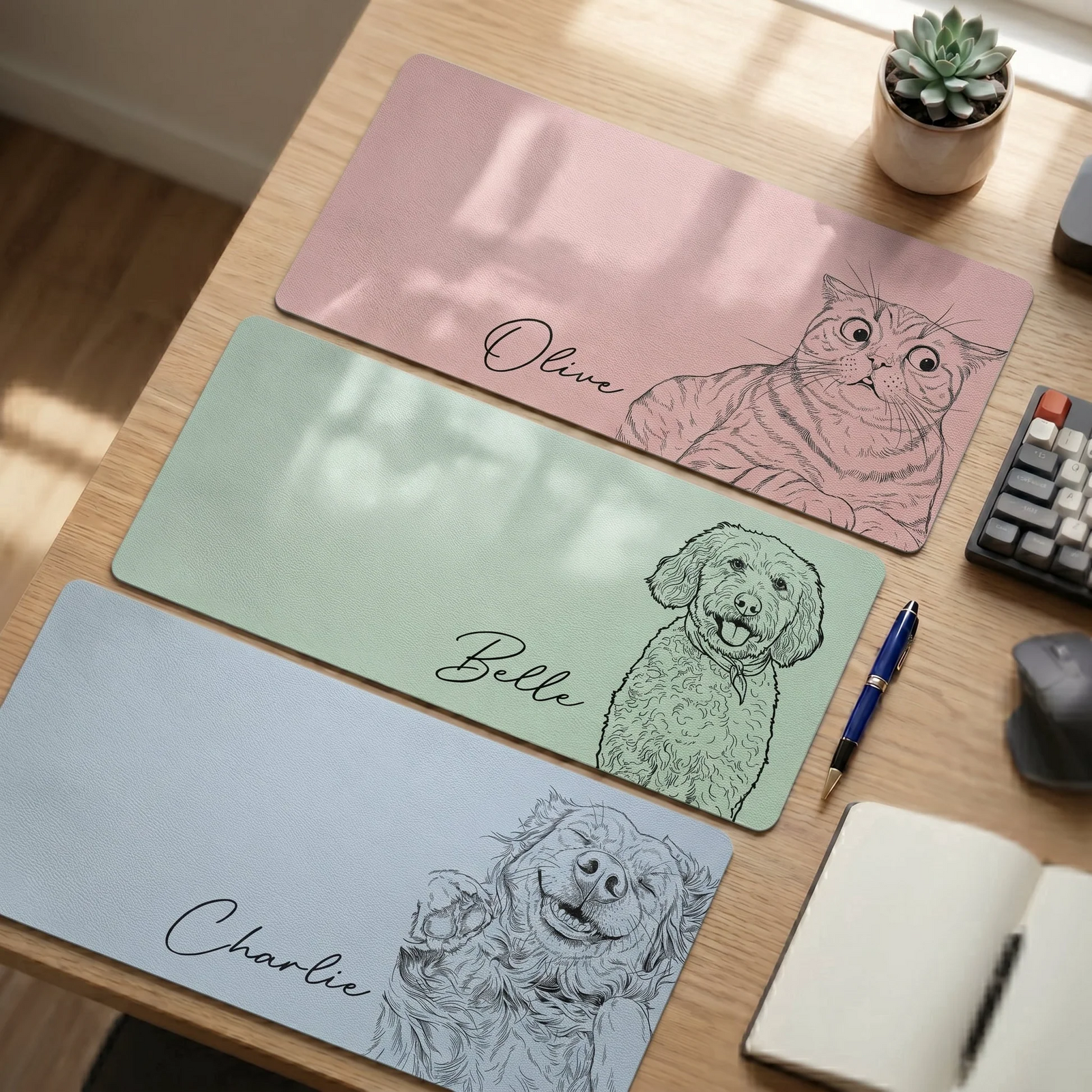 Custom Photo Sketch Line Art Dog/Cat Portrait - Personalized Desk Mat - Gift For Dog Lovers, Cat Lovers, Pet Lovers