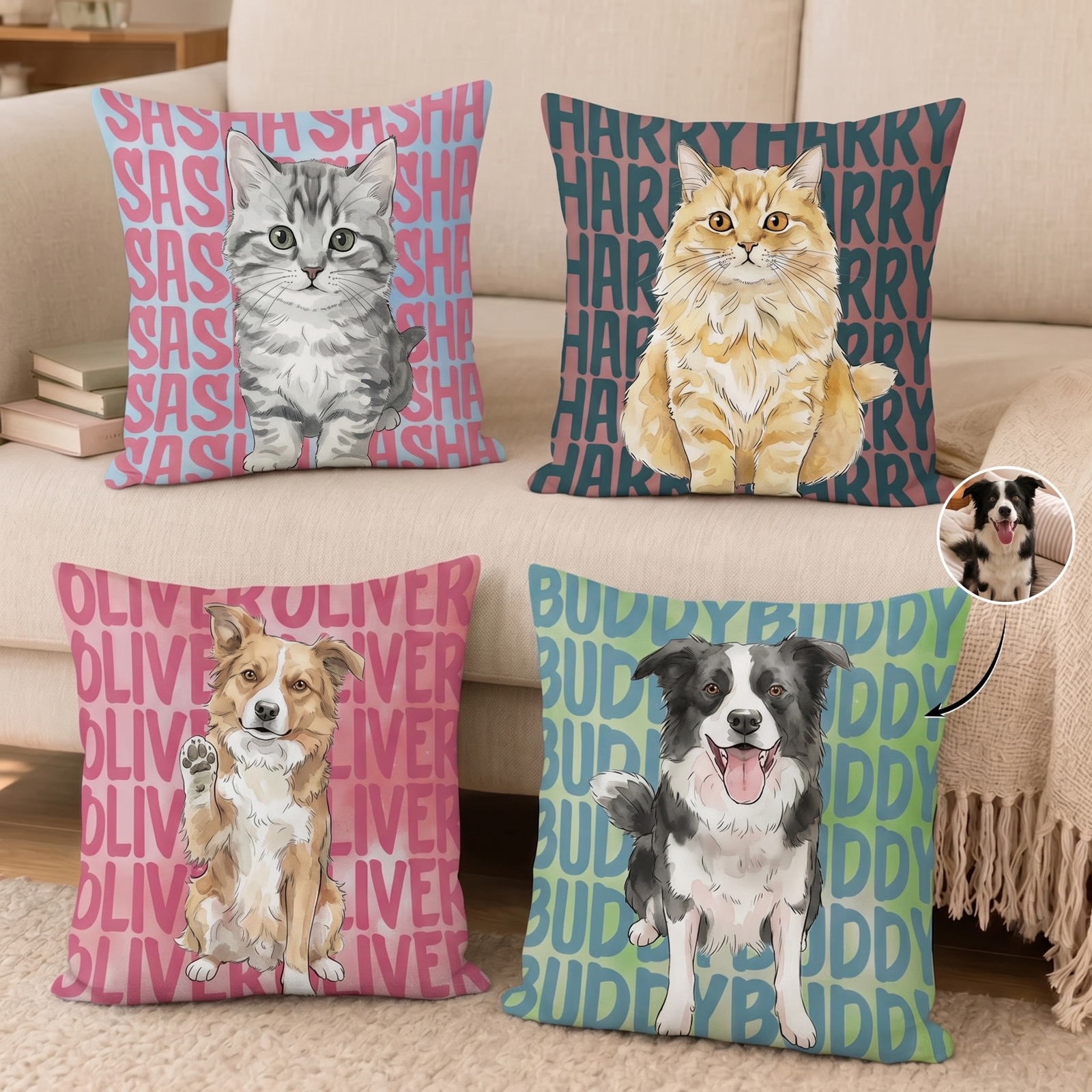 Custom Photo Pet Portrait & Name Watercolor Style - Personalized Custom Pillow - Gift for Dog Lovers, Cat Lovers, Pet Lovers