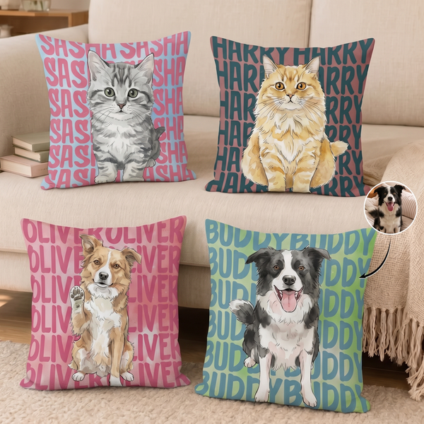 Custom Photo Pet Portrait & Name Watercolor Style - Personalized Custom Pillow - Gift for Dog Lovers, Cat Lovers, Pet Lovers