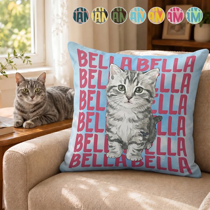 Custom Photo Pet Portrait & Name Watercolor Style - Personalized Custom Pillow - Gift for Dog Lovers, Cat Lovers, Pet Lovers