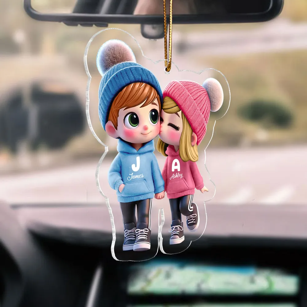 Cute Cartoon Couple Walking - Personalized Acrylic Car Hanger - Gift For Couple, Anniversary, Valentine, Engagement