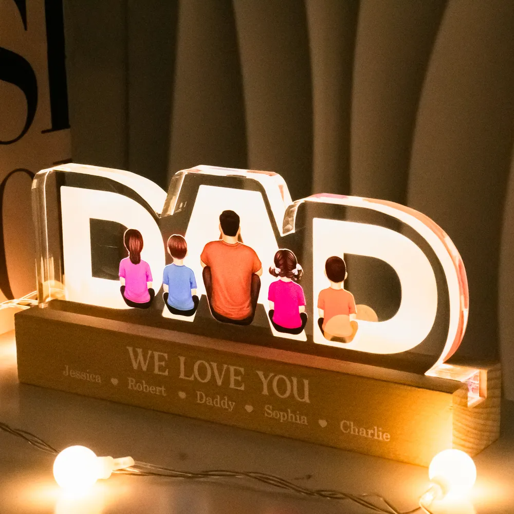 DAD Family Sitting Back View - Personalized Acrylic LED Night Light - Father's Day Gift For Dad, Daddy, Husband