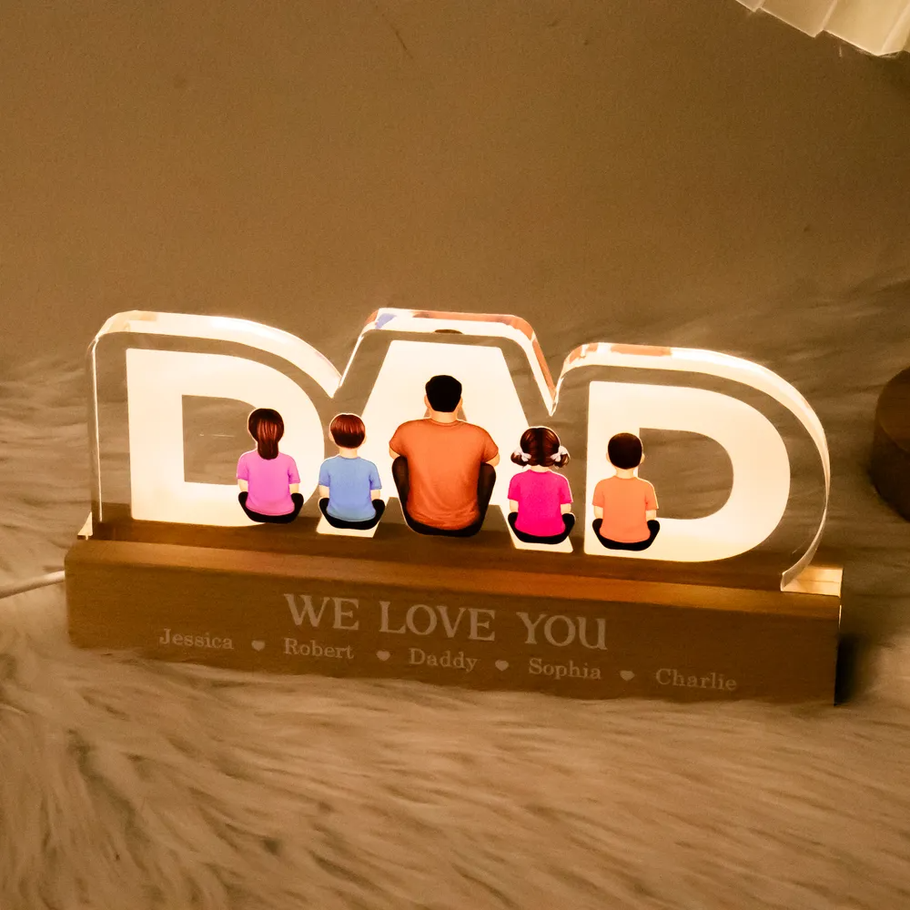 DAD Family Sitting Back View - Personalized Acrylic LED Night Light - Father's Day Gift For Dad, Daddy, Husband