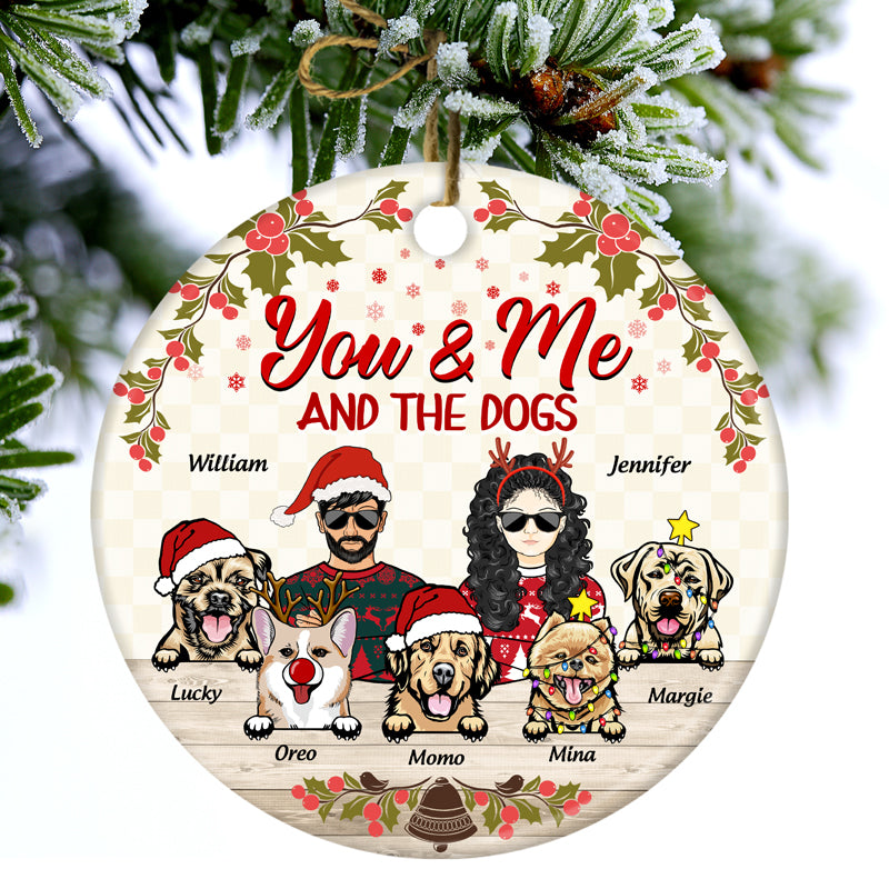 Personalized You & Me And The Dogs circle ceramic ornament, alternate view 2