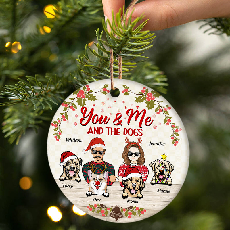 Personalized You & Me And The Dogs circle ceramic ornament, alternate view 3