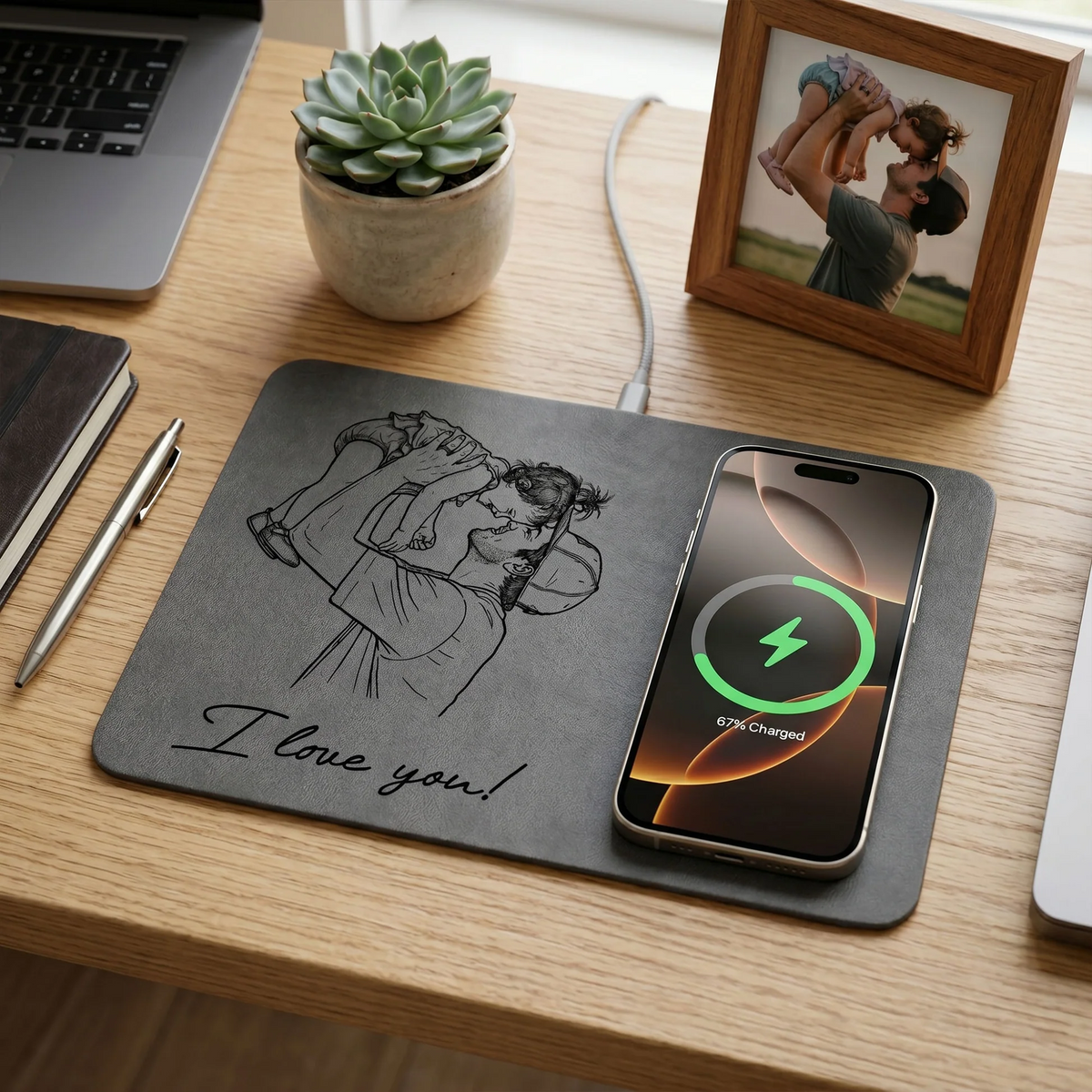 Custom Photo Dad Sketch Line Art - Personalized Charging Pad - Father's Day Gift for Dad, Daddy, Husband