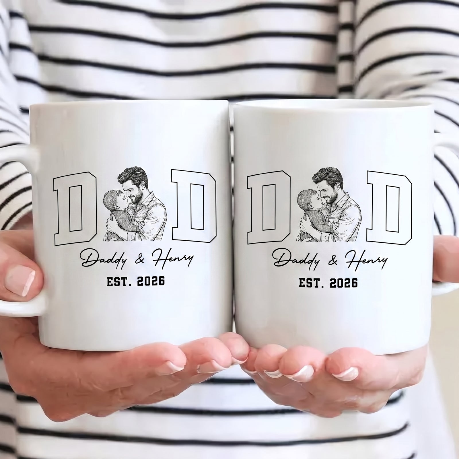 Custom Photo Sketch Line Art Dad EST - Personalized Custom Mug - First Father's Day Gifts, First Time Dad Gifts, New Parent Gifts