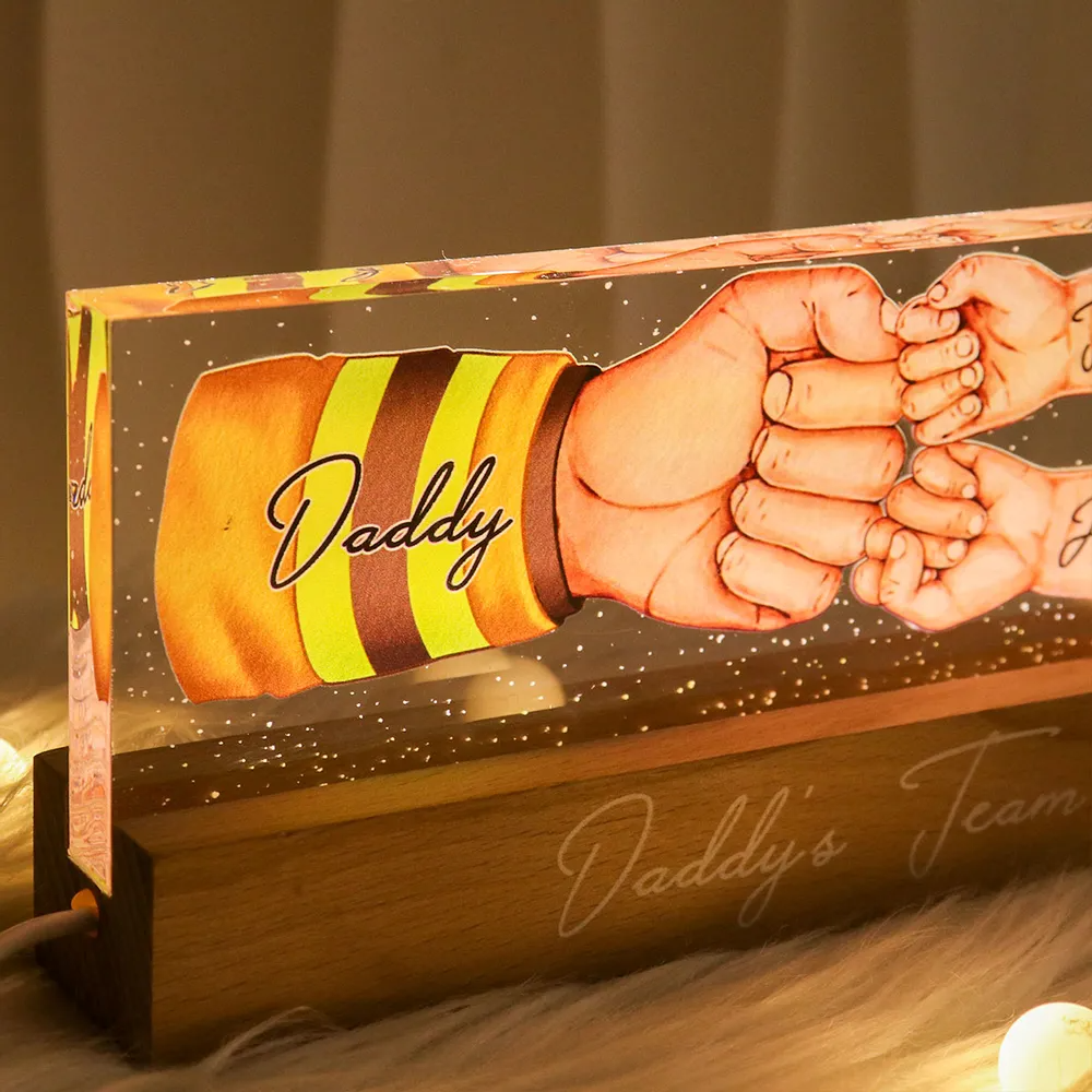 Daddy's Team Fist Bump - Personalized Acrylic LED Night Light - Father's Day Gift For Dad, Grandpa, Husband