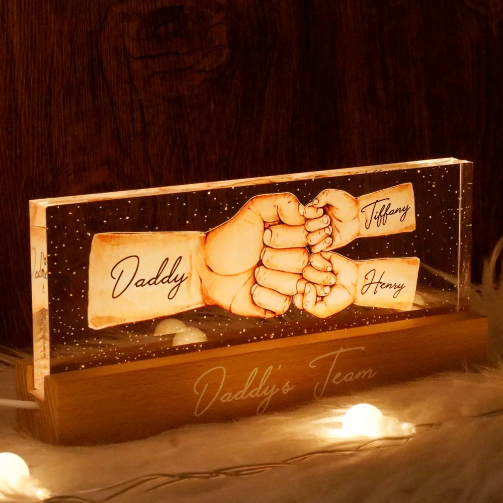 Daddy's Team Fist Bump - Personalized Acrylic LED Night Light - Father's Day Gift For Dad, Grandpa, Husband