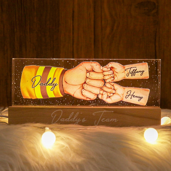 Daddy's Team Fist Bump - Personalized Acrylic LED Night Light - Father's Day Gift For Dad, Grandpa, Husband