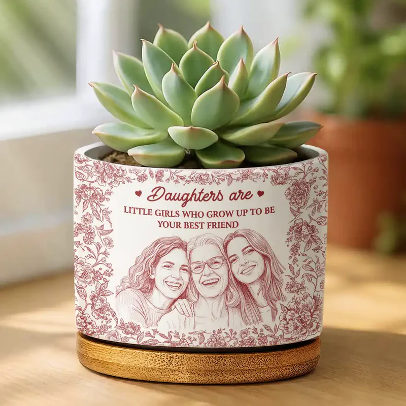 Custom Photo Pencil Sketch Daughter Grows Up To Be Your Best Friend - Personalized Ceramic Plant Pot - Gift For Mom, Daughter