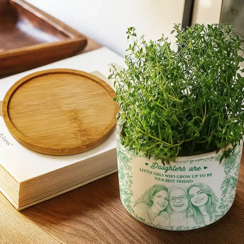 Custom Photo Pencil Sketch Daughter Grows Up To Be Your Best Friend - Personalized Ceramic Plant Pot - Gift For Mom, Daughter