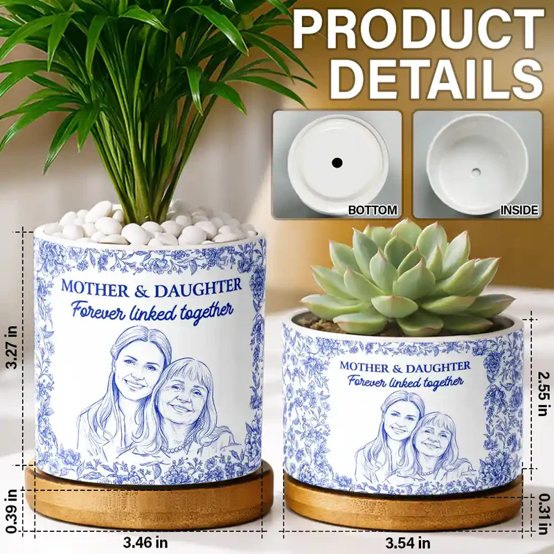 Custom Photo Pencil Sketch Daughter Grows Up To Be Your Best Friend - Personalized Ceramic Plant Pot - Gift For Mom, Daughter