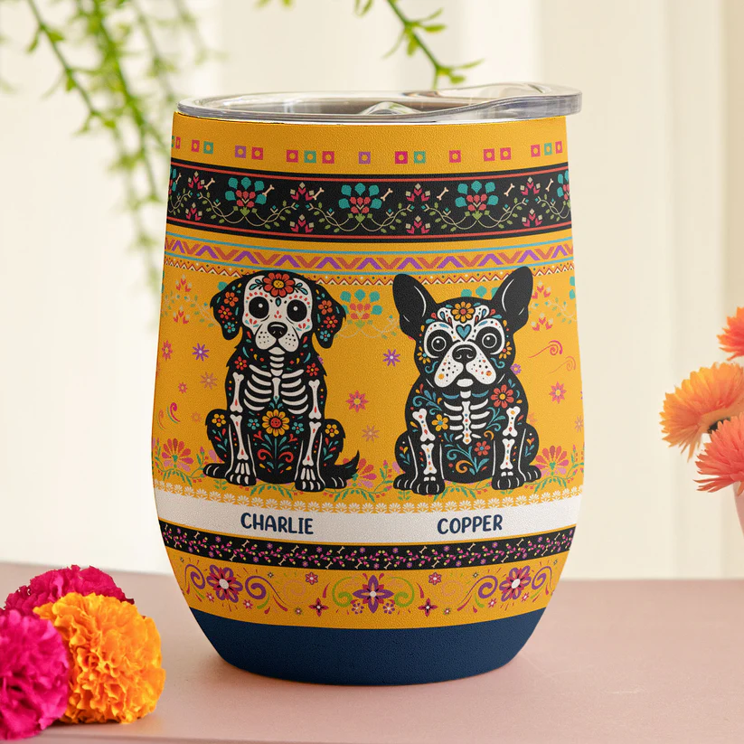 Day Of The Dead Dog Cat Hispanic Mexican Flowers - Personalized Custom 12oz Wine Tumbler - Gift For Dog Lovers, Cat Lovers
