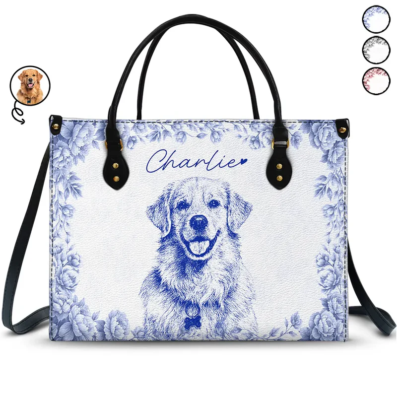 Custom Photo Pencil Sketch Family Dog Cat Portrait - Personalized Leather Handbag - Gift for Dog/Cat Lovers, Dog/Cat Mom, Pet Lovers