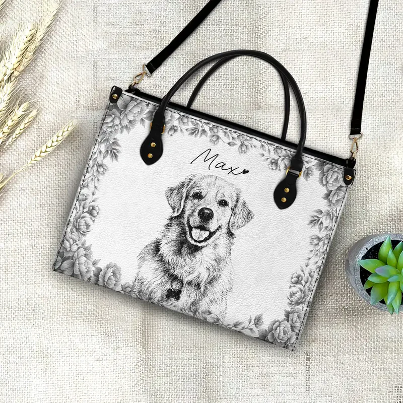 Custom Photo Pencil Sketch Family Dog Cat Portrait - Personalized Leather Handbag - Gift for Dog/Cat Lovers, Dog/Cat Mom, Pet Lovers