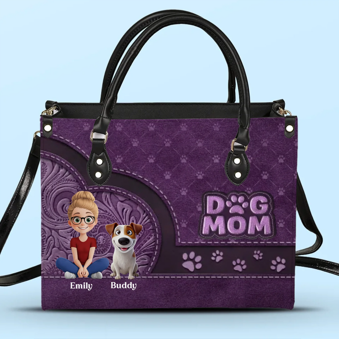 Personalized Dog/Cat Mom, More Love And Less Bark leather handbag, front view
