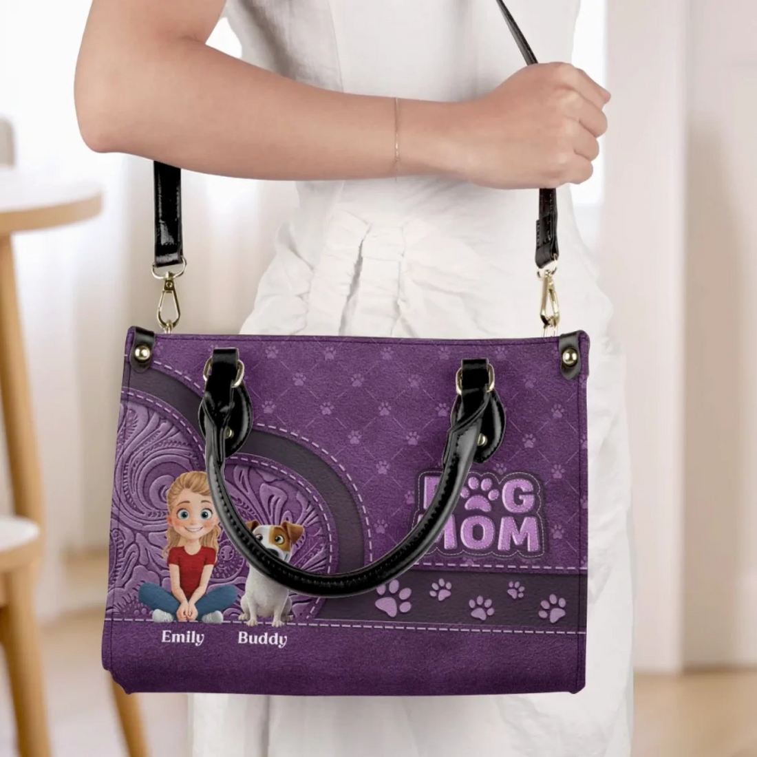 Personalized Dog/Cat Mom, More Love And Less Bark leather handbag, carried on the shoulder