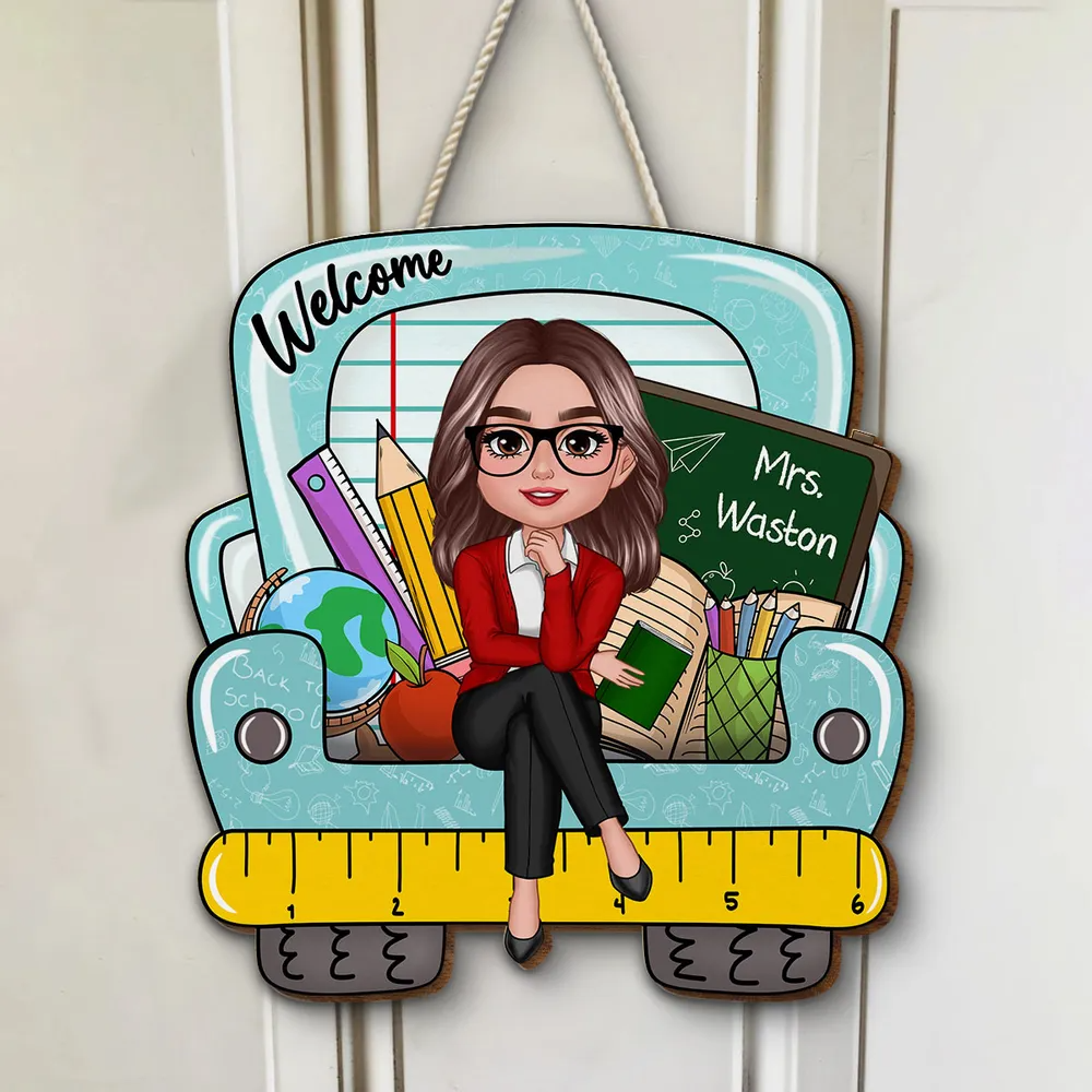 Doll Teacher Truck Back View - Personalized Custom Shaped Wood Sign - Back To School, 1st Day of School - Custom Gift For Teachers & Educators, Classroom Decoration
