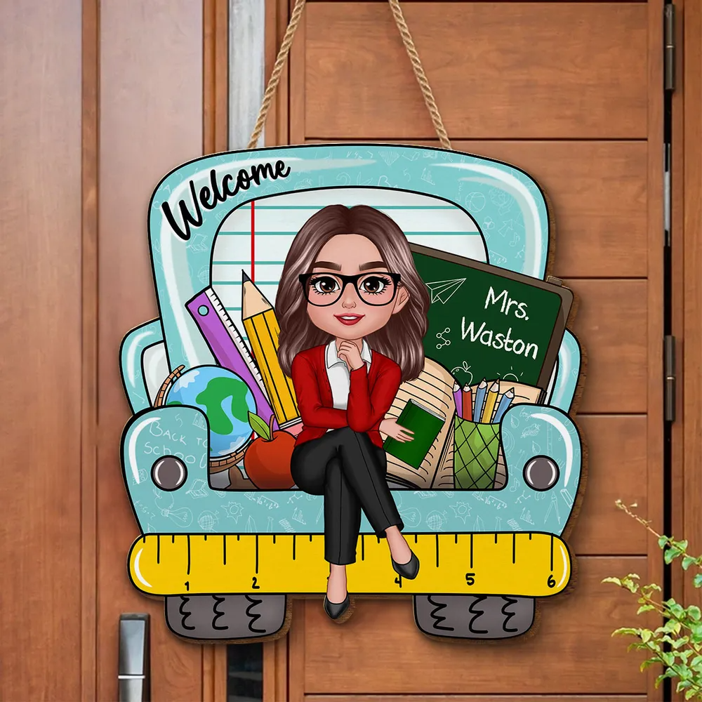 Doll Teacher Truck Back View - Personalized Custom Shaped Wood Sign - Back To School, 1st Day of School - Custom Gift For Teachers & Educators, Classroom Decoration