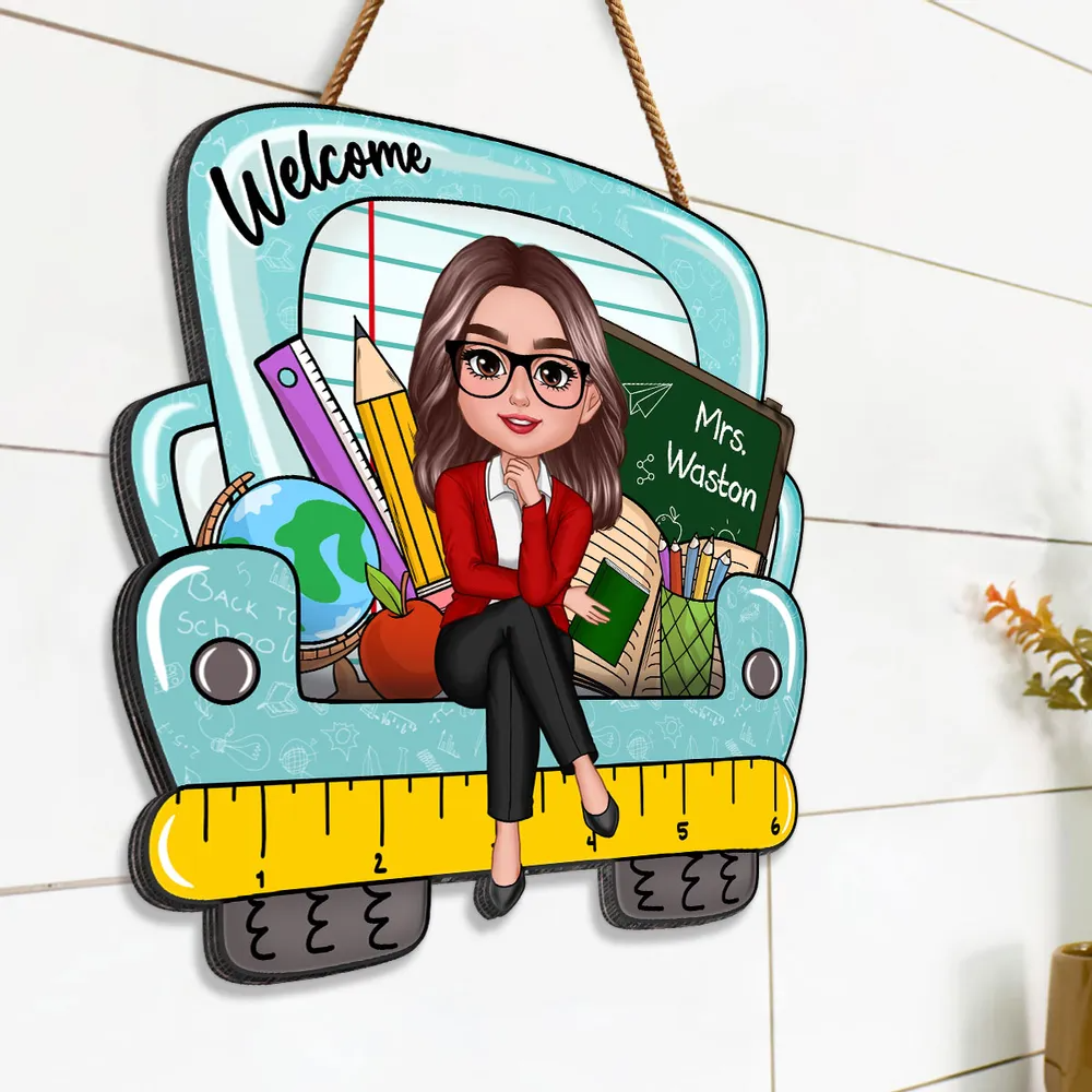 Doll Teacher Truck Back View - Personalized Custom Shaped Wood Sign - Back To School, 1st Day of School - Custom Gift For Teachers & Educators, Classroom Decoration