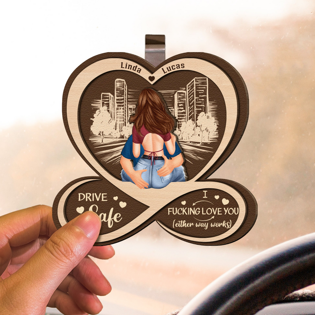 Personalized Drive Safe I F*Cking Love You Couple car visor clip, alternate view 3