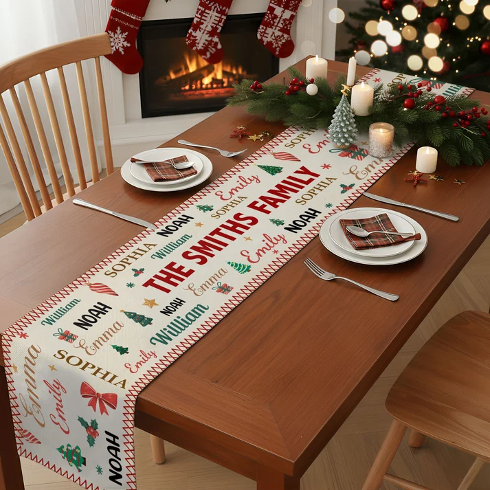 Family Name Word Christmas Theme - Personalized Table Runner - Christmas Gifts For Mom, Dad, Brother, Sister