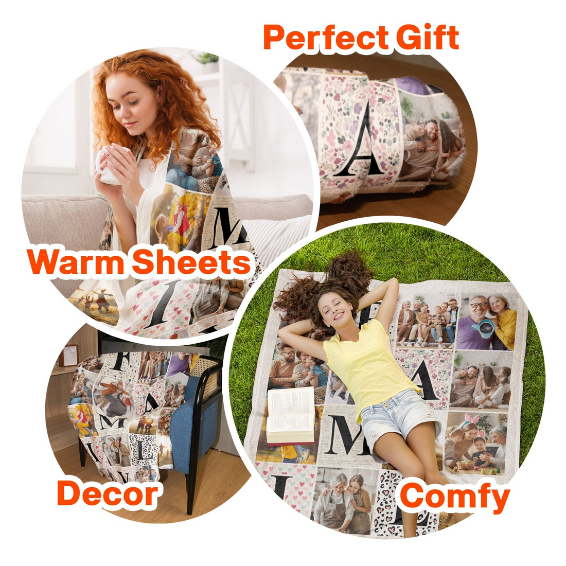 Personalized Custom Photo Family Photo Collage fleece blanket, held up in a bright room