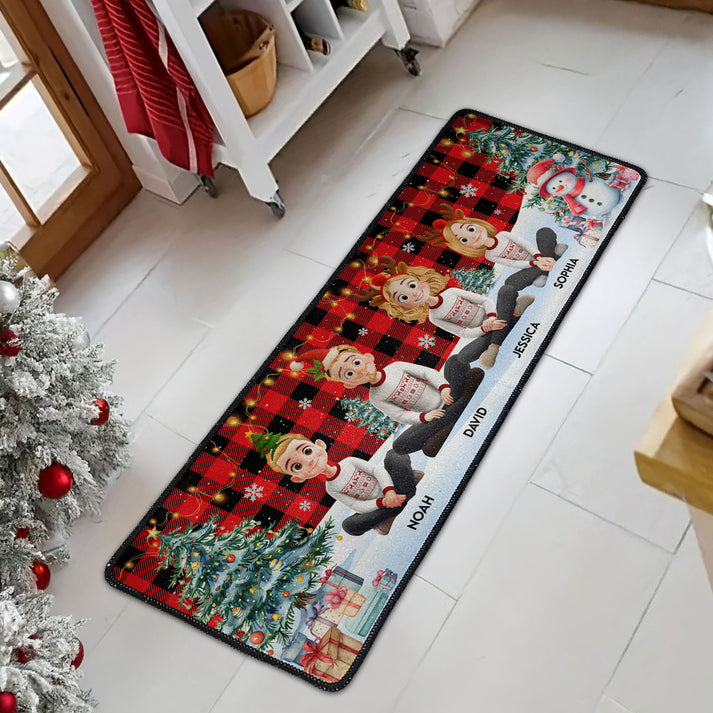 Family Sitting Festive Plant Buffalo Plaid - Personalized Runner Rug - Christmas Gifts For Family, Grandma, Grandpa, Mom, Dad, Brother, Sister