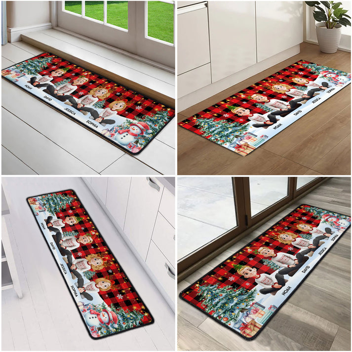 Family Sitting Festive Plant Buffalo Plaid - Personalized Runner Rug - Christmas Gifts For Family, Grandma, Grandpa, Mom, Dad, Brother, Sister