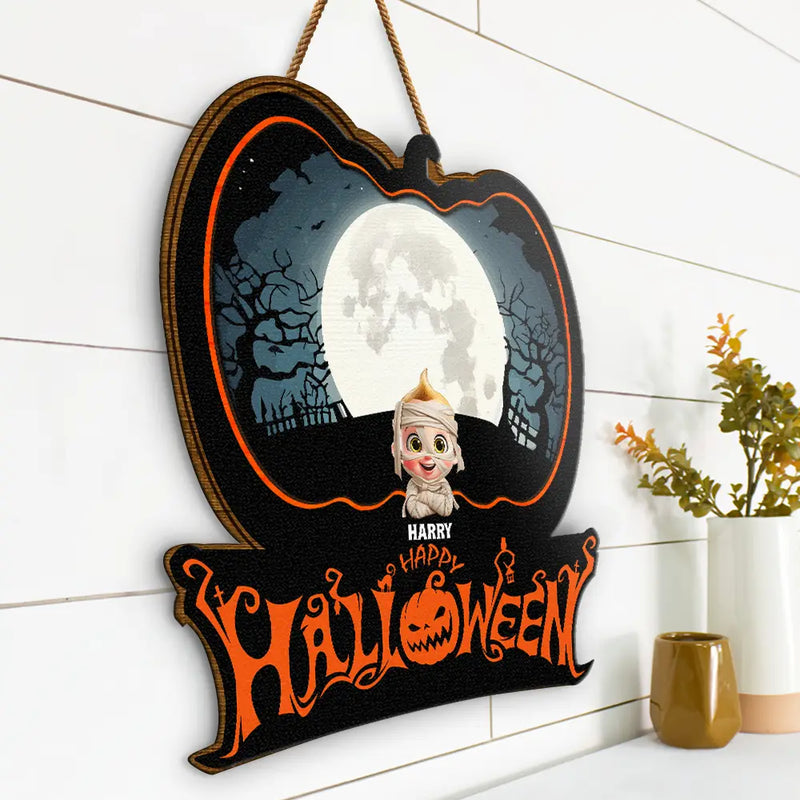 Family Costume Happy Halloween - Personalized Custom Shaped Wood Sign, Halloween Decoration